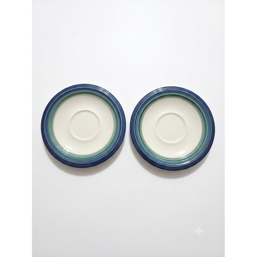 Pfaltzgraff Ocean Breeze Saucers Set of 2 Teal Blue Green Trim 6in Vintage USA